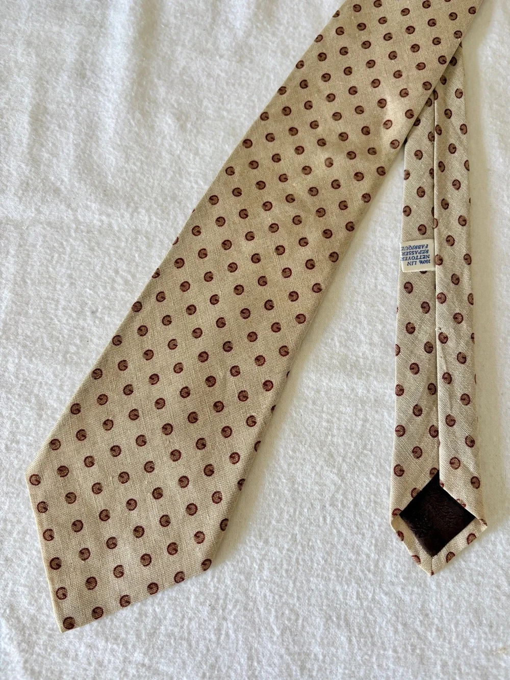 Vintage GUCCI 100% Linen Tie Cream w Geometric G Pattern Elegant Italy EUC